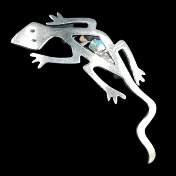Large Vintage Taxco Sterling Abalone Gecko Lizard Brooch